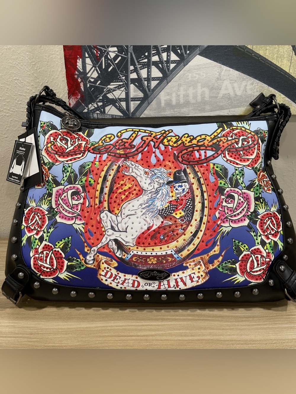 Ed Hardy Blue 'Dead or Alive' Horseshoe Rose Shoulder Hobo Bag